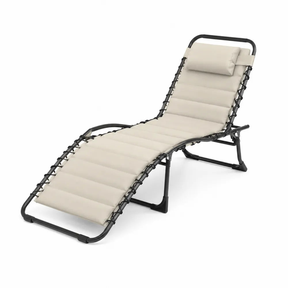 Chaise longue pliante extérieure en acier avec coussin beige