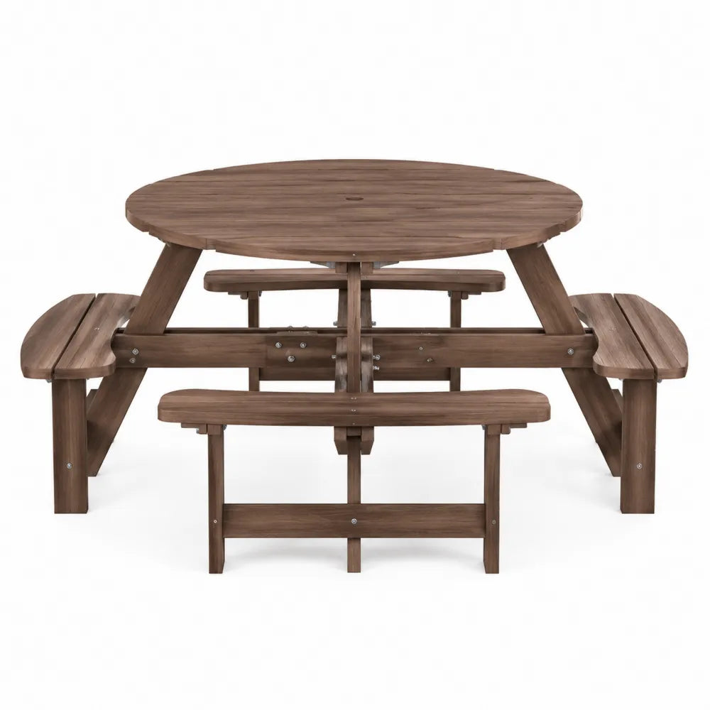Table ronde de pique-nique en bois de pin avec bancs intégrés