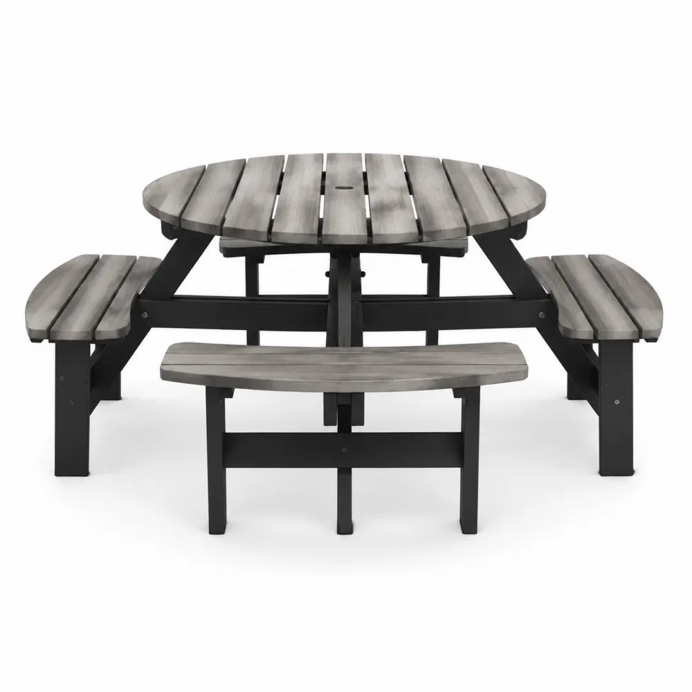 Table de jardin ronde en bois et métal avec bancs intégrés gris/noir