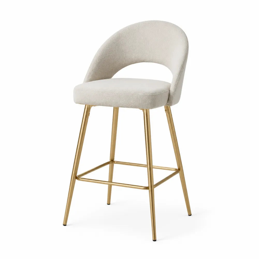 Tabouret de bar en tissu polyester beige avec pieds en métal doré