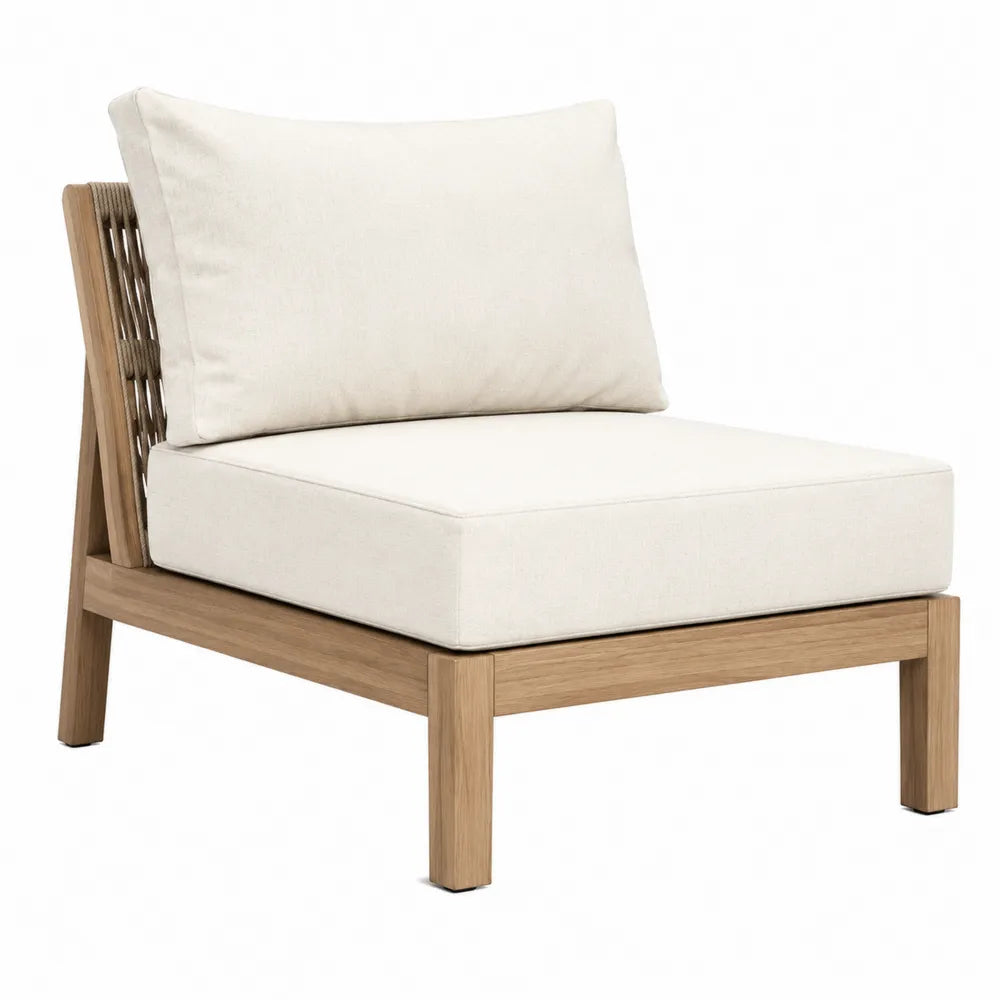 Fauteuil d'extérieur en bois de chêne avec coussins en polyester crème