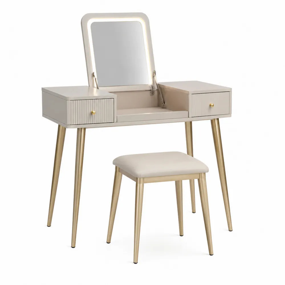 Coiffeuse en Bois et Métal avec Miroir LED et Tabouret Beige