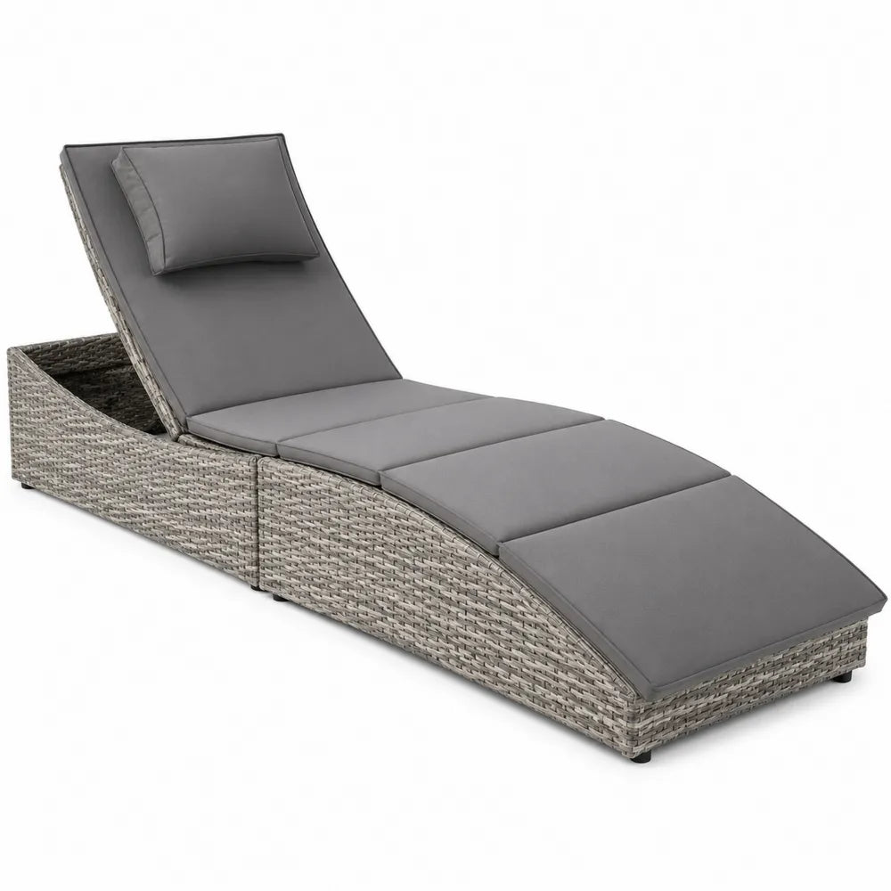 Chaise longue en rotin synthétique gris avec coussins