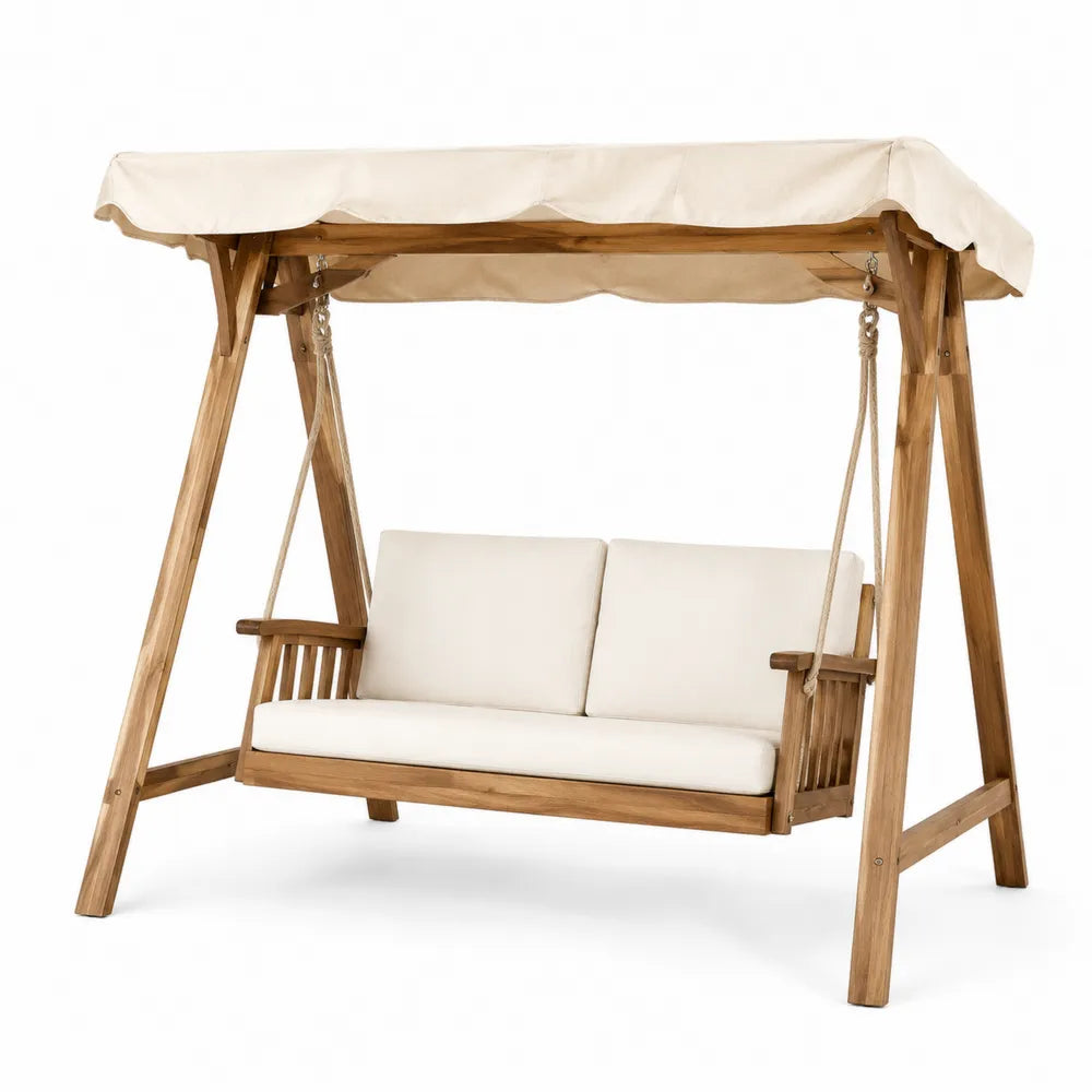 Balancelle en bois d'acacia avec coussins crème pour extérieur