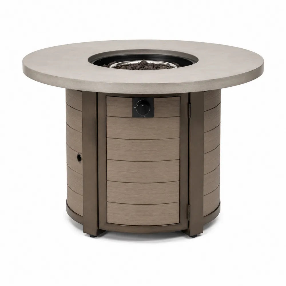 Table de jardin avec foyer intégré en métal et composite brun béton