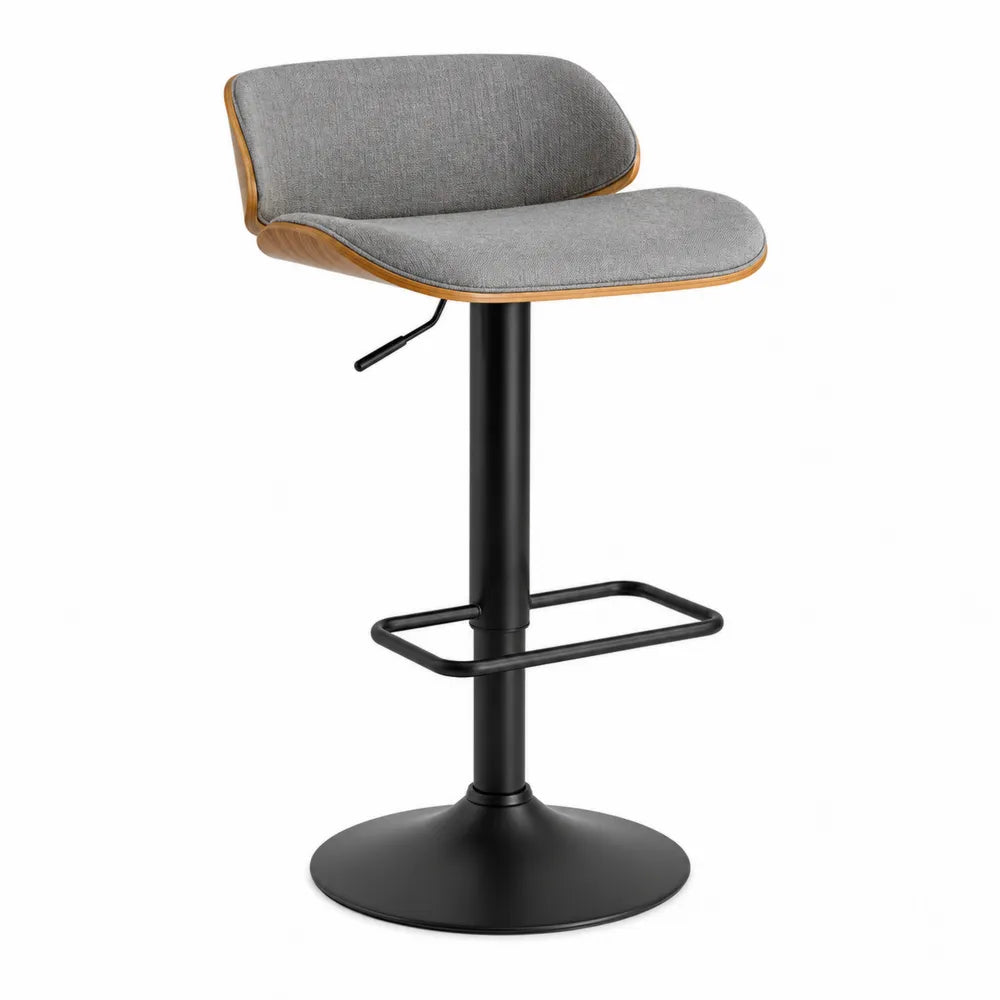 Tabouret de bar réglable en tissu et bois avec pied en métal noir