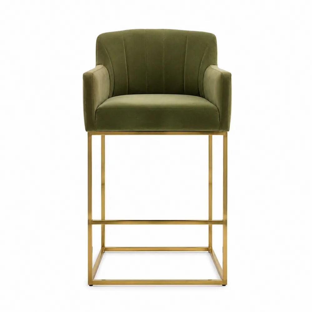 Chaise de bar en velours vert avec structure métallique dorée