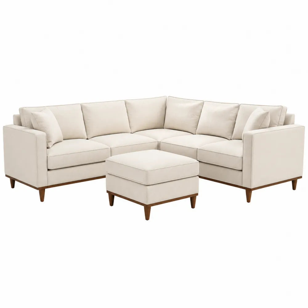 Canapé modulaire d'angle en tissu polyester beige et bois