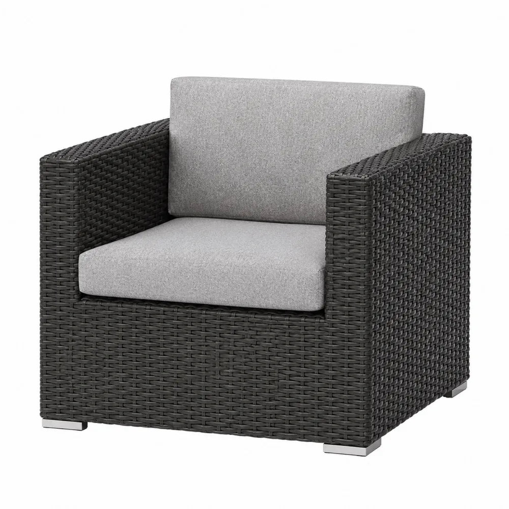 Fauteuil en résine tressée noir avec coussins gris