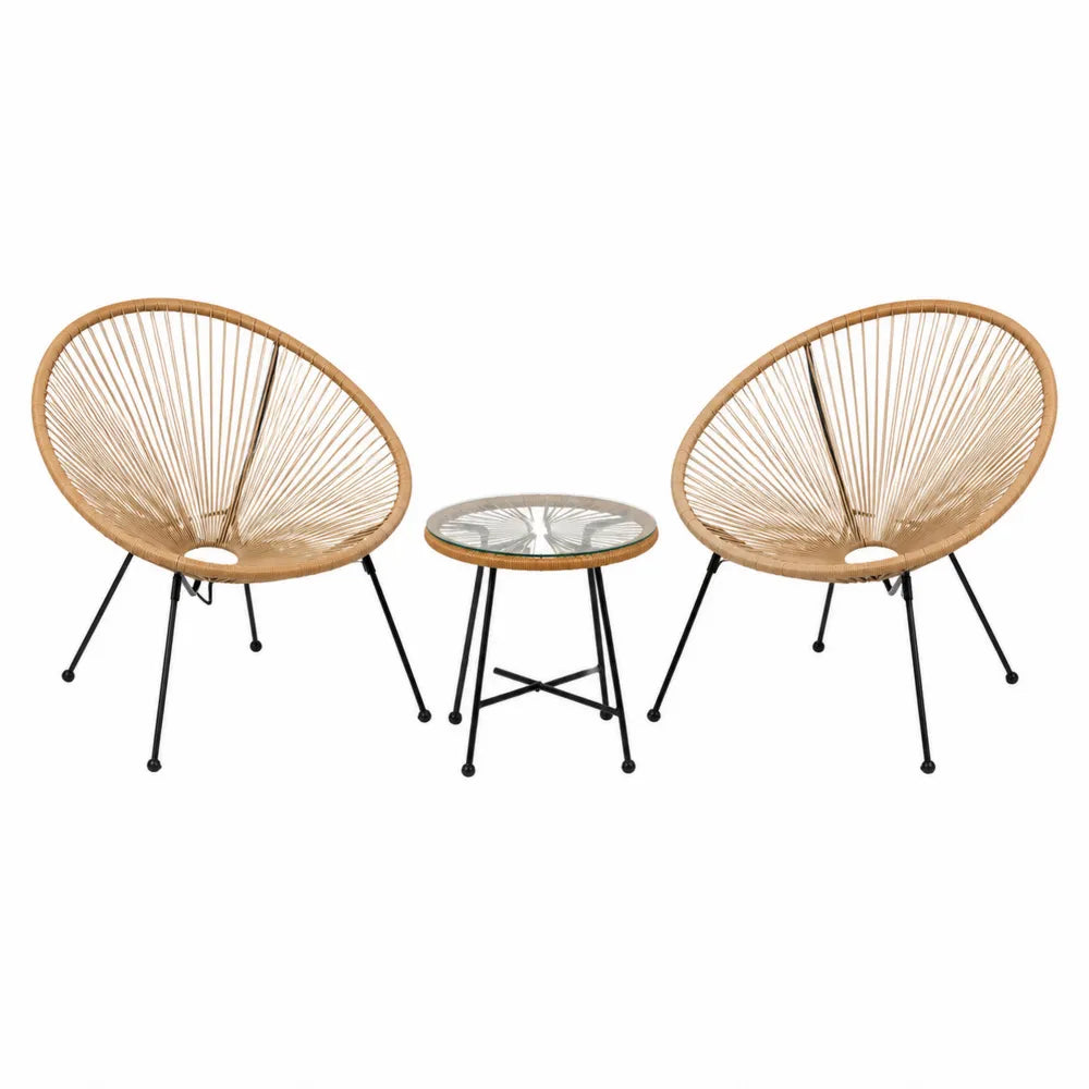 Ensemble de mobilier de jardin 3 pièces en polyéthylène et table en verre trempé