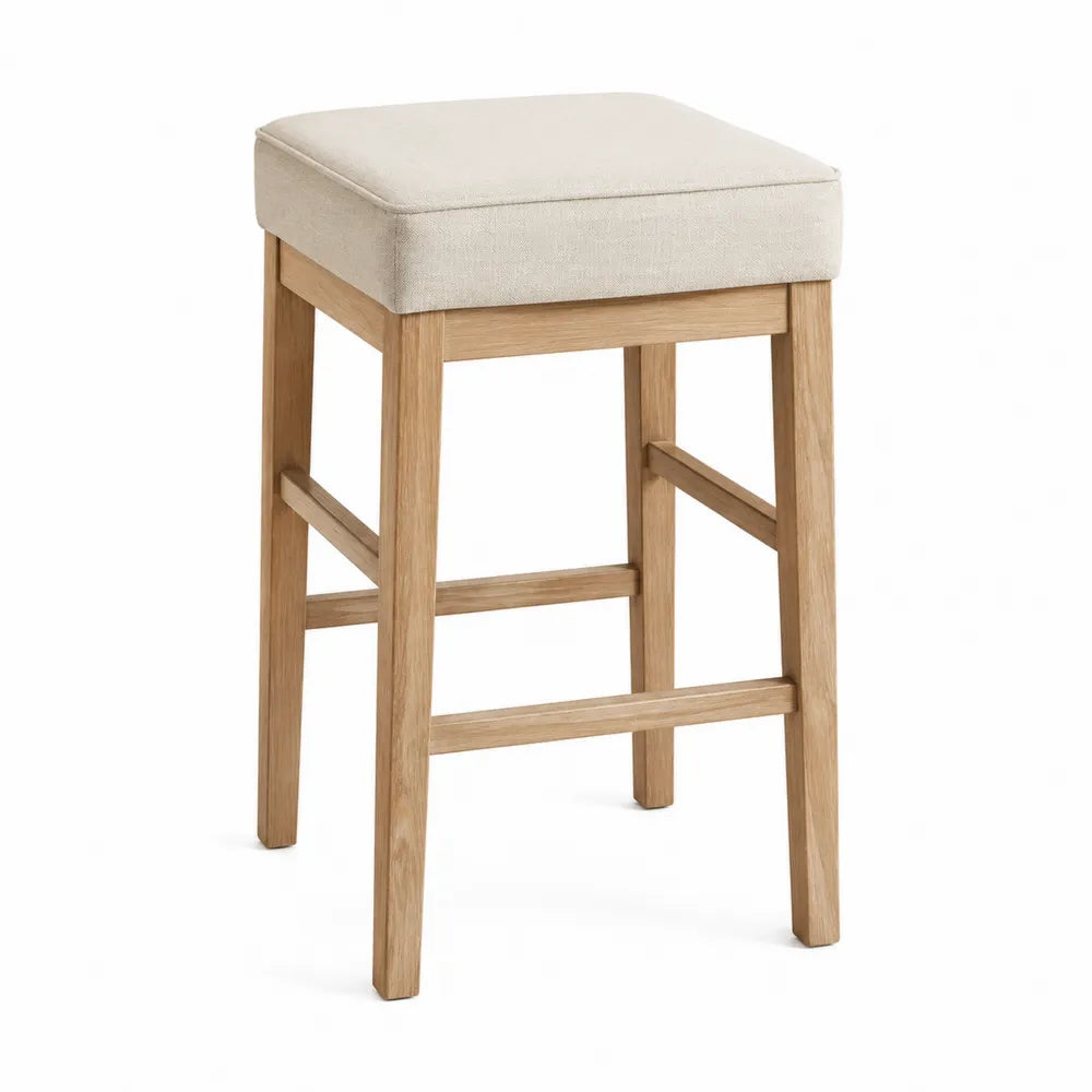 Tabouret en chêne avec assise en lin crème