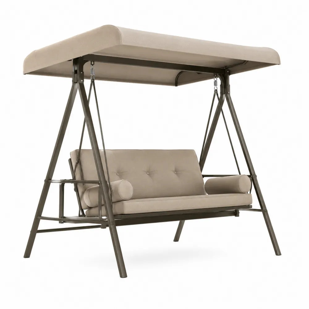 Balançoire de jardin 3 places en métal taupe avec coussins en polyester
