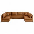 Canapé d'angle en cuir synthétique marron avec coussins