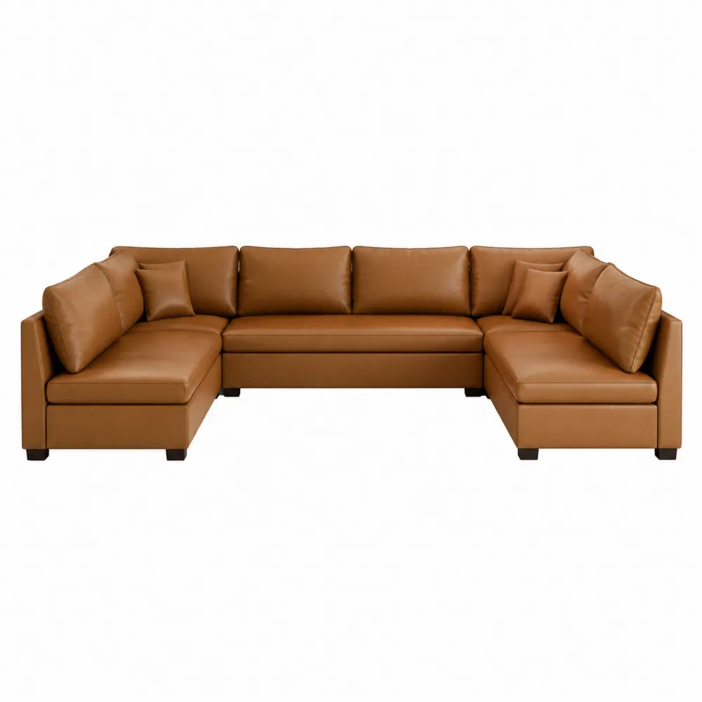 Canapé d'angle en cuir synthétique marron avec coussins
