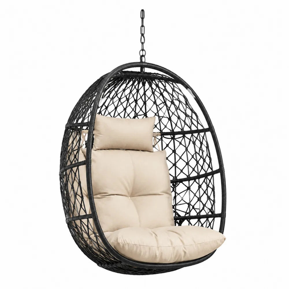 Fauteuil suspendu en rotin noir avec coussin beige, Ø100x200 cm