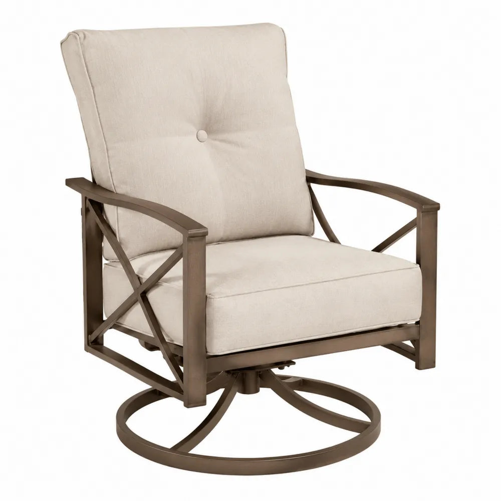 Fauteuil pivotant d'extérieur en métal brun avec coussins en polyester beige