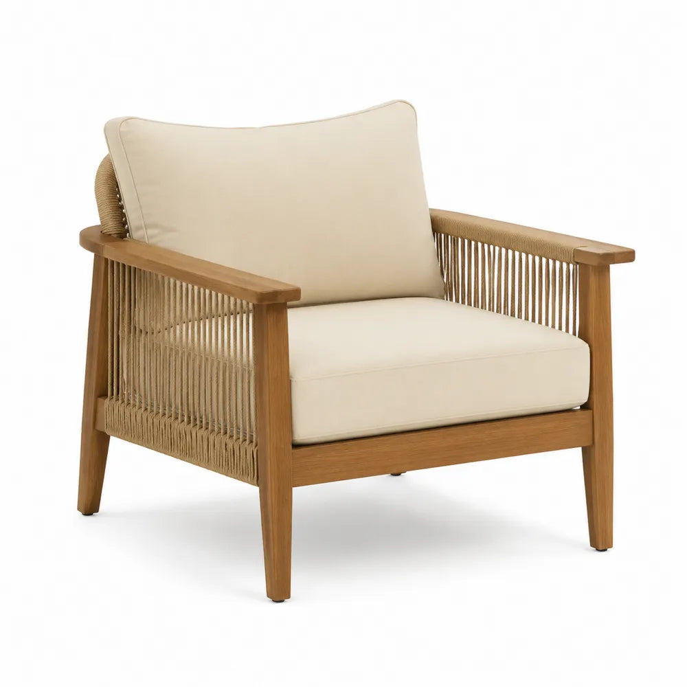 Fauteuil en bois de teck avec coussins en polyester beige