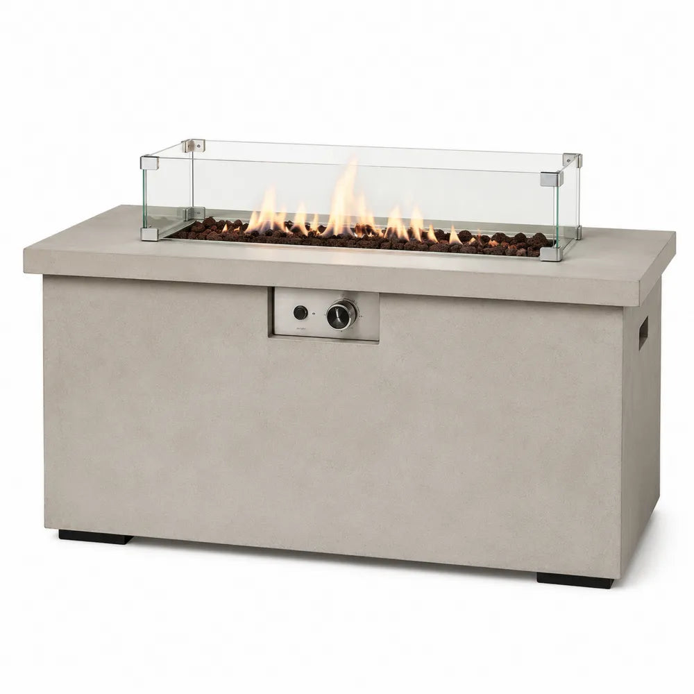 Table de feu en béton avec pare-brise en verre trempé pour extérieur