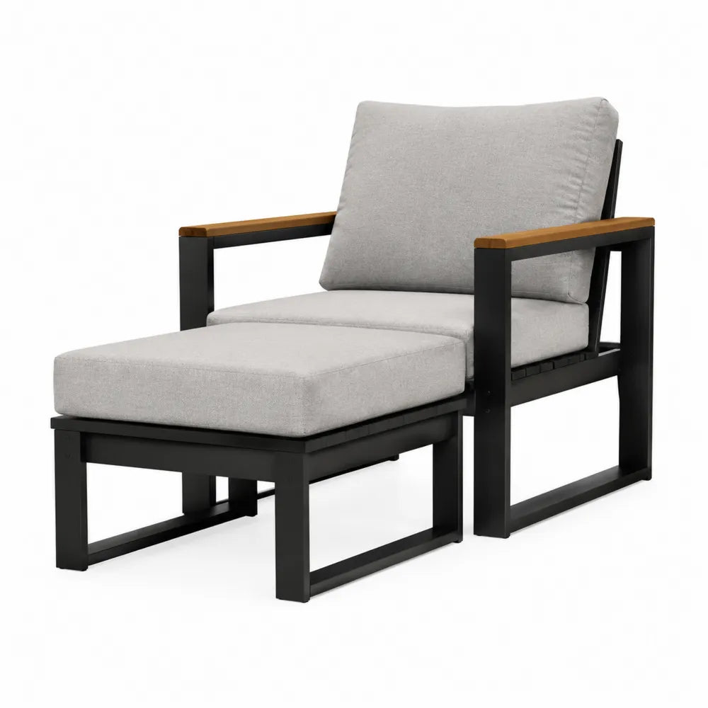 Chaise longue en aluminium et bois d'acacia avec coussins gris
